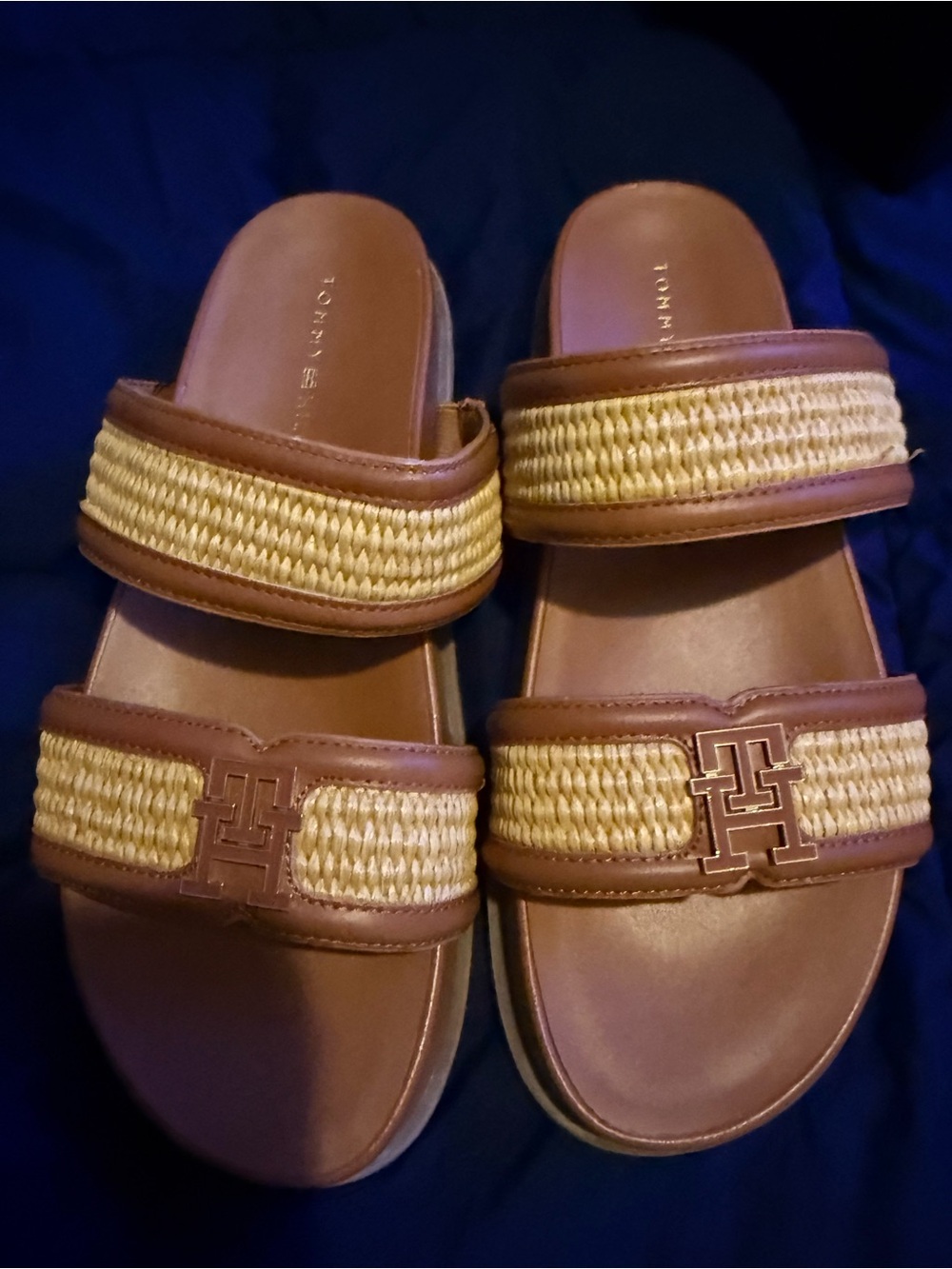 Tommy Hilfiger Brown & Natural Slide Sandals with Logo Accent